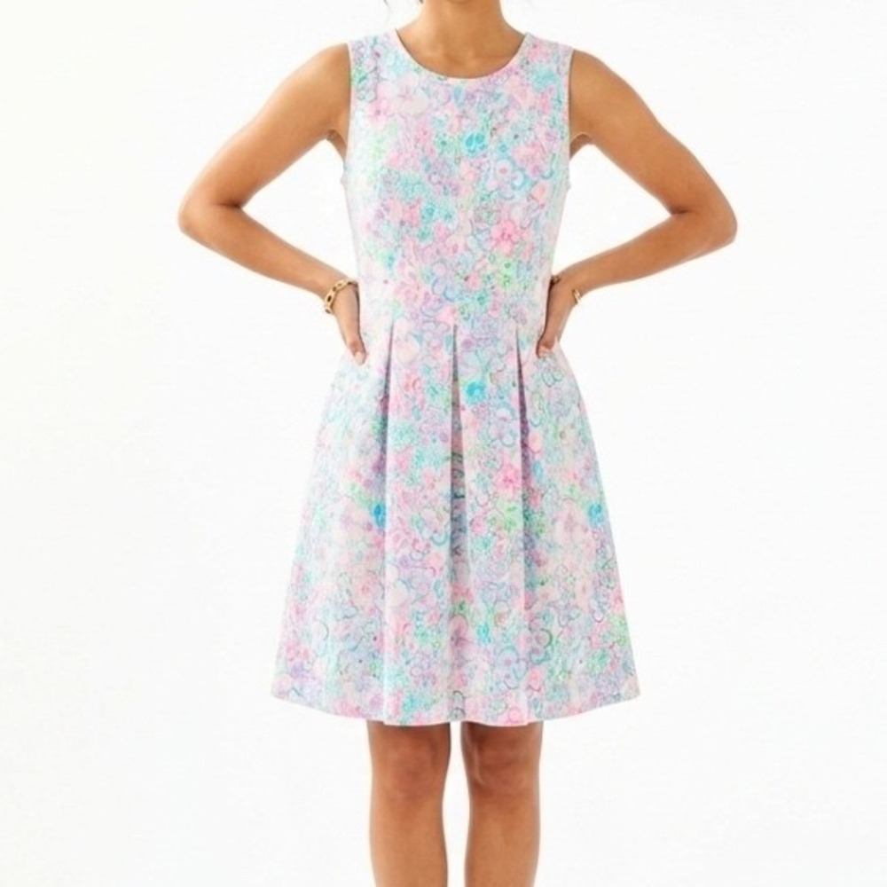 Lilly Pulitzer Kinsey Dress Resort Ponte Pink Blue Floral Coastal Zip L